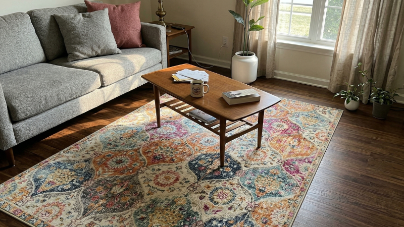 cozy living room with colorful Moroccan area rug under 200 dollars