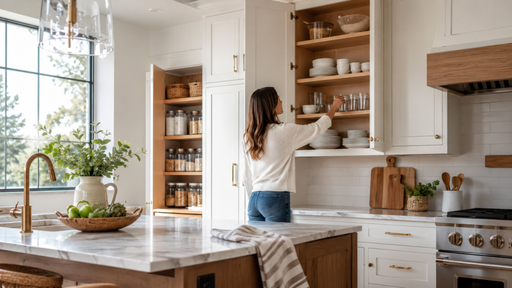 Modern organized kitchen cabinets with neatly arranged dishes and pantry storage