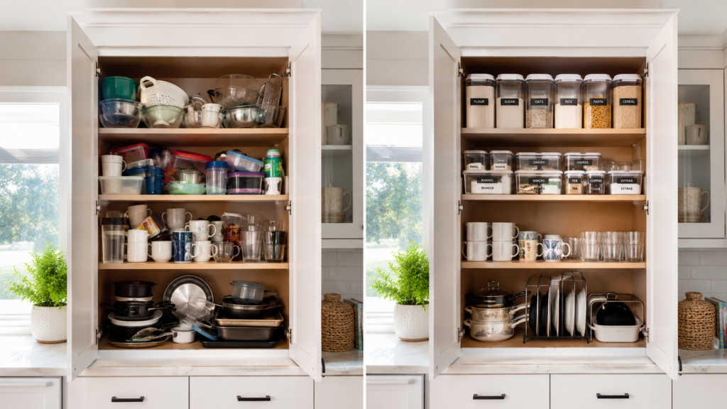 Before and after kitchen cabinet organization showing cluttered and organized cabinets