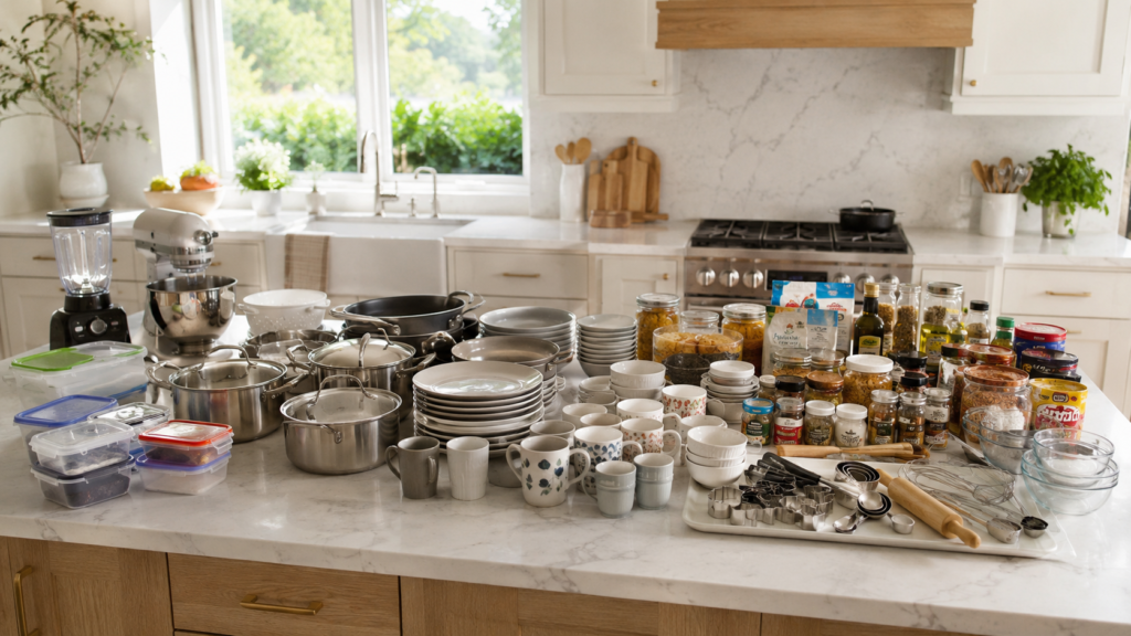 Kitchen items sorted into categories on a countertop before organizing cabinets