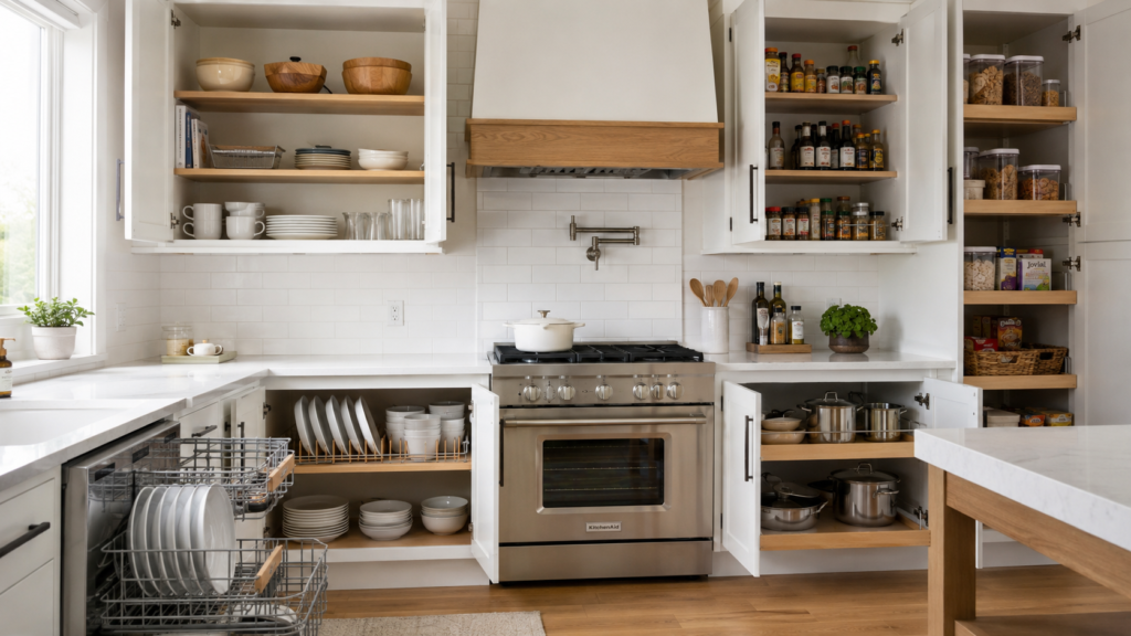Kitchen cabinets organized by function with dishes, cookware and pantry items