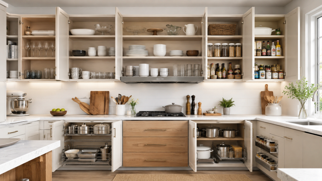 Kitchen cabinets arranged by frequency of use with everyday items at eye level