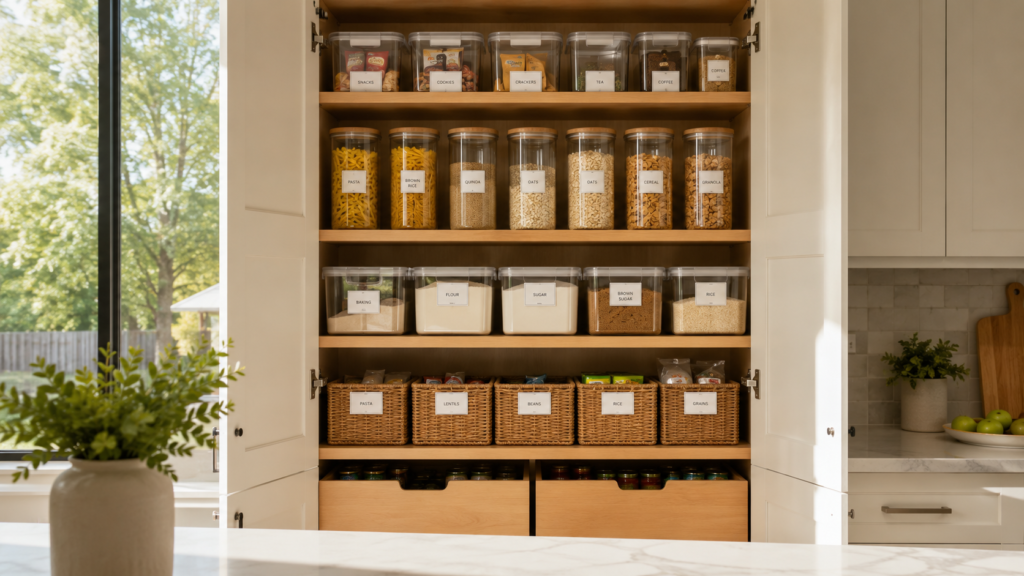 Organized pantry with labeled storage containers and clear food jars