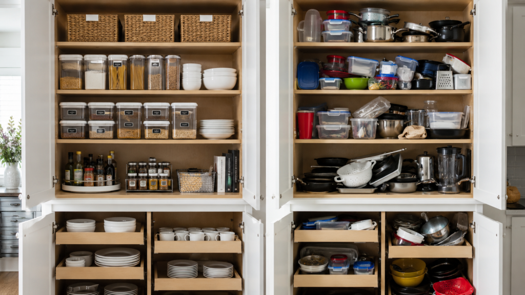 Comparison of good and poor kitchen cabinet organization techniques