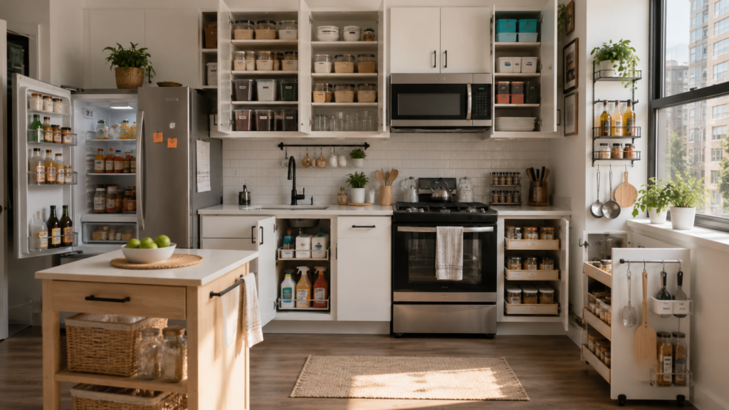 Small kitchen with smart cabinet organization and space-saving storage solutions