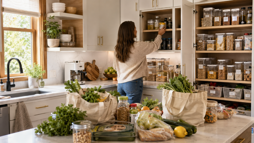 Putting groceries into organized kitchen cabinets and pantry storage