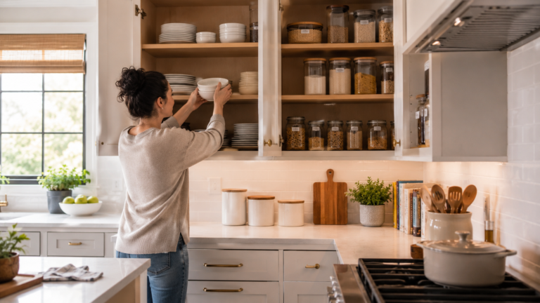 Maintaining organized kitchen cabinets with a simple weekly reset routine