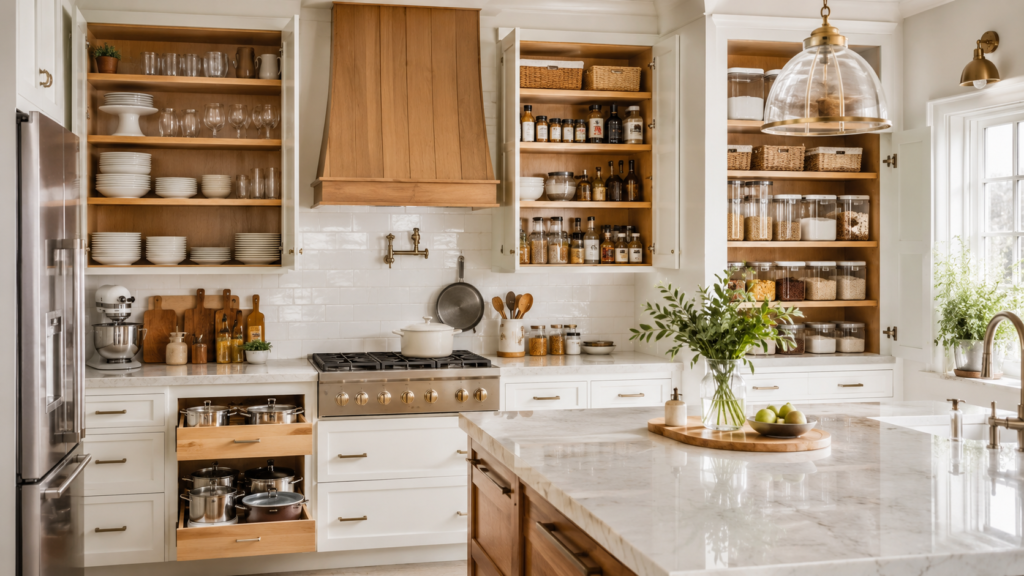 Beautiful modern kitchen with fully organized cabinets and pantry storage